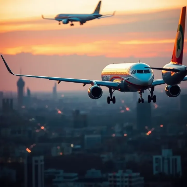 Commercial airplane flying over Nigerian city skyline during sunset