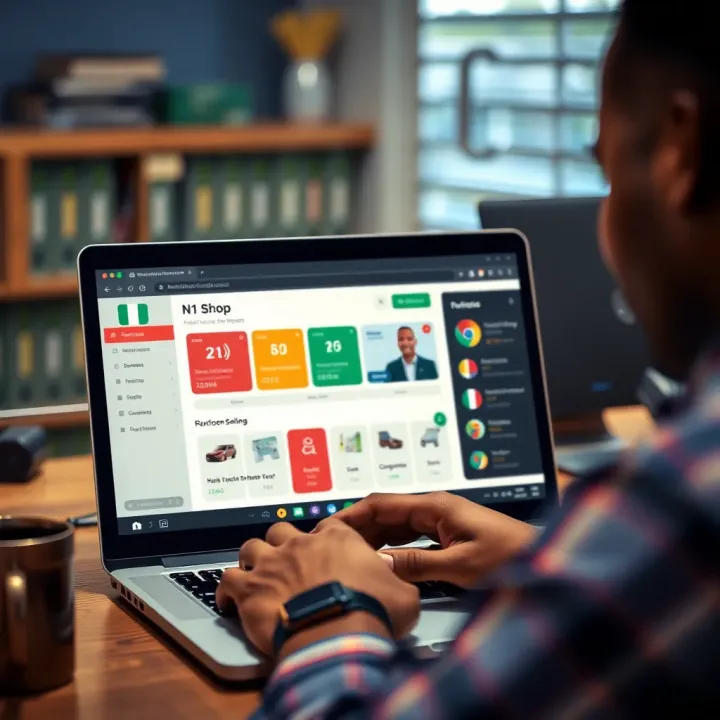 Setting Up Your N1 Shop Seller Dashboard in Nigeria Illustration of a person setting up an online store dashboard on a laptop with Nigerian currency symbols