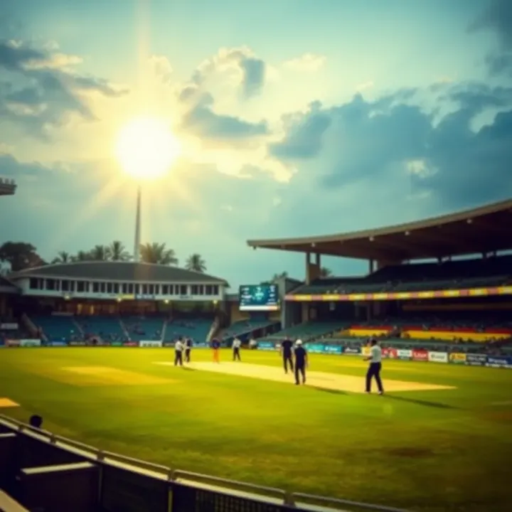 A cricket pitch with players in action under bright stadium lights during an evening match