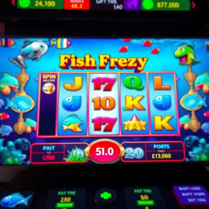 Colorful slot game screen showing Fishin Frenzy reels with fish and sea-themed symbols
