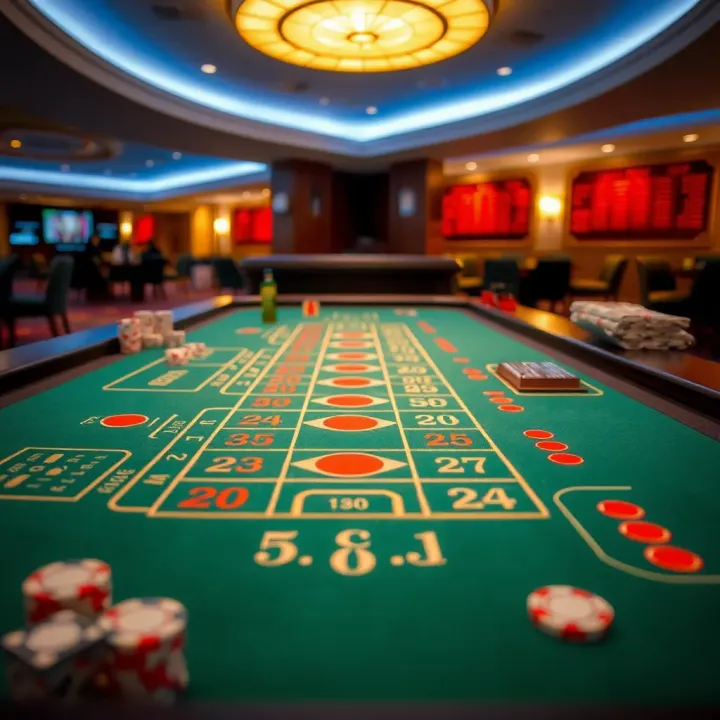 Detailed view of baccarat table layout showing betting options and chips in a casino setting