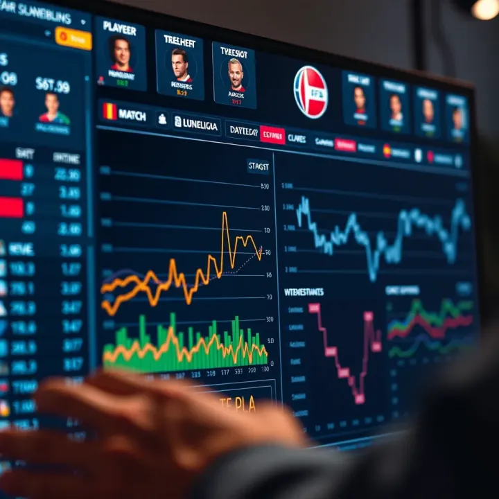 Close-up of digital dashboard displaying player stats and match trends