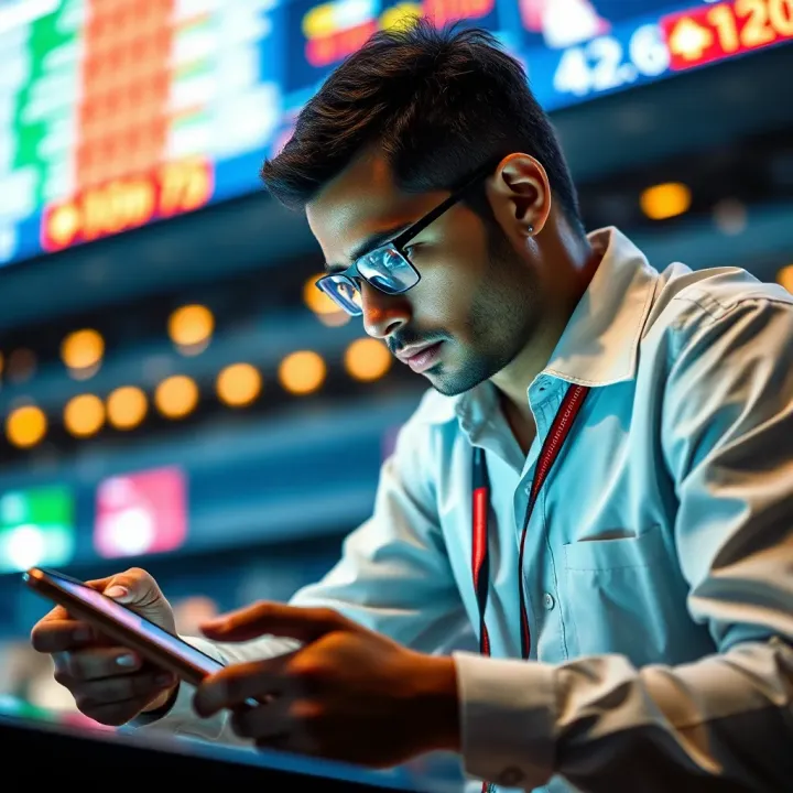 Illustration of strategic sports betting with highlighted odds and a focused bettor analyzing data on a digital device