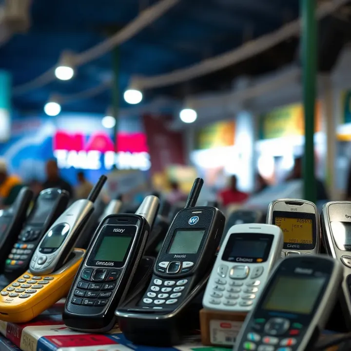 Selection of classic N1 mobile phones displayed on a market table