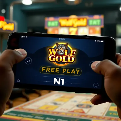 Illustration of a mobile device displaying the free play option for Wolf Gold slot game with gaming controls