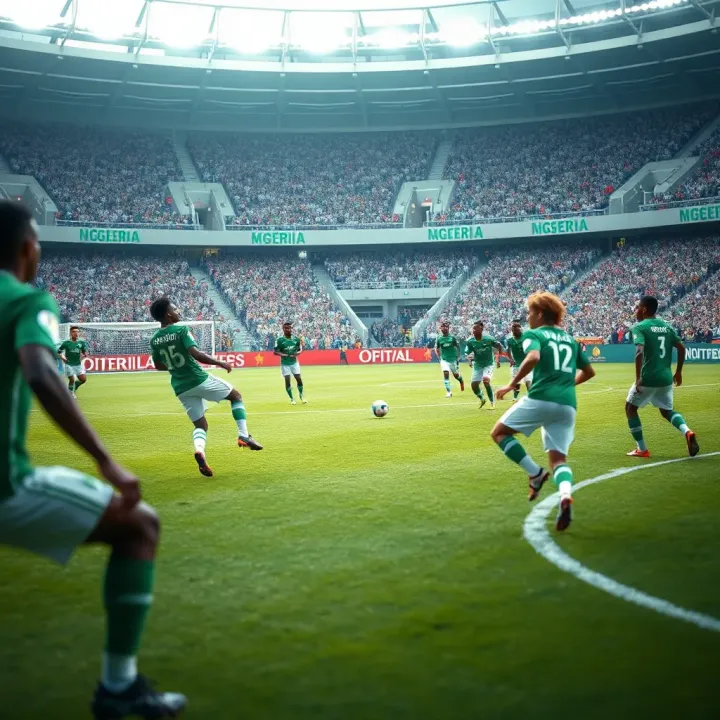 Nigerian football team in a strategic formation on the pitch during a competitive match
