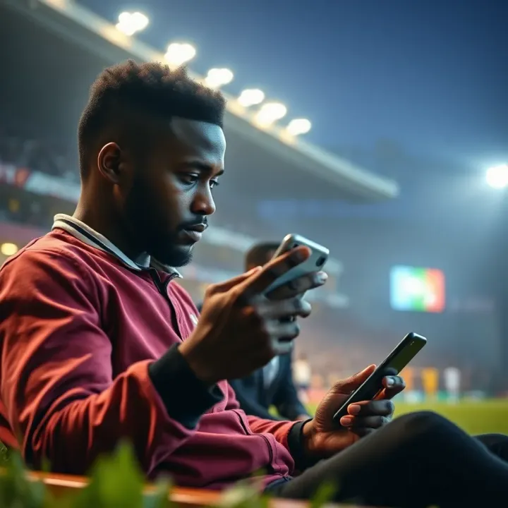 Nigerian football fan using mobile betting app during Premier League match