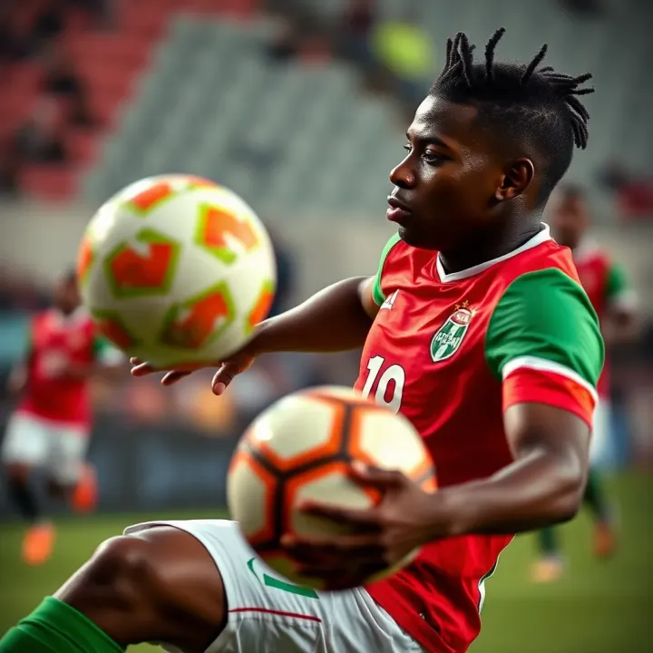 Close-up of a focused Nigerian football player controlling the ball during a game