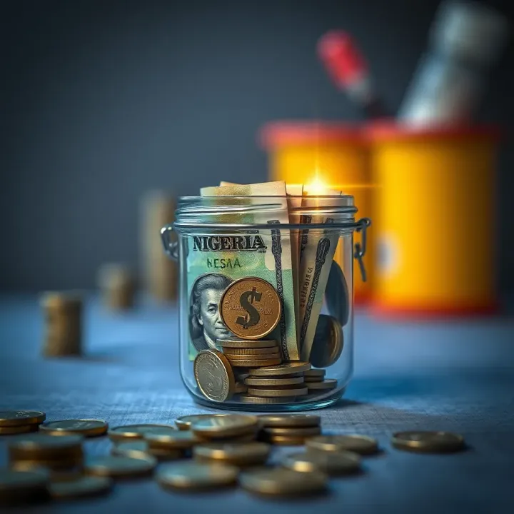 Container Representing Small-Scale Savings in Local Currency Graphic showing a small container filled with Nigerian naira notes and coins symbolizing grassroots savings