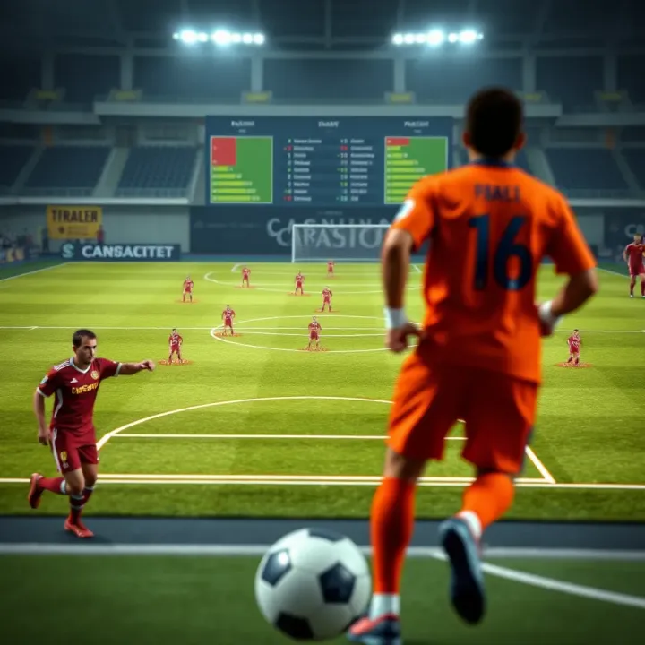 Soccer pitch with team formations and data charts illustrating match analysis