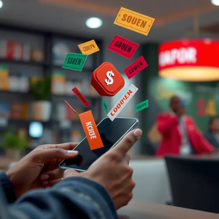 Colorful digital coupon codes floating above a smartphone displaying an online shopping app