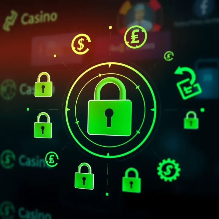 Graphic showing secure banking transactions with icons of locks and currency symbols