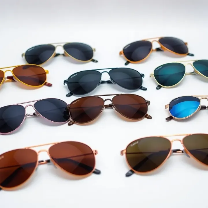 Collection of popular aviator sunglasses models suitable for an active lifestyle displayed on a neutral background