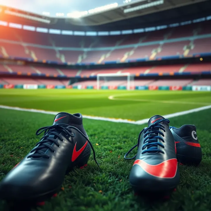 Close-up of football boots on a lush green pitch with a vibrant stadium background