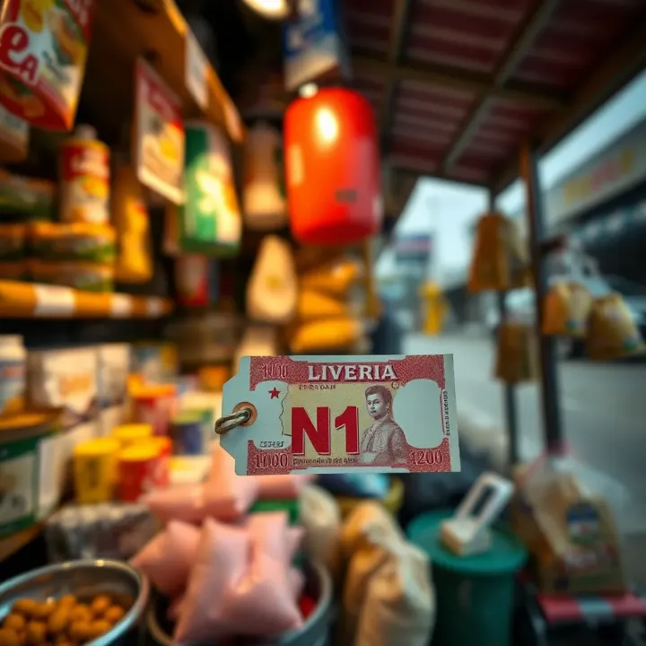 Market stall with a variety of goods and a small price tag showing the Nigerian currency symbol