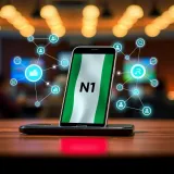 Illustration showing a mobile phone with Nigerian flag and digital network icons symbolizing connectivity