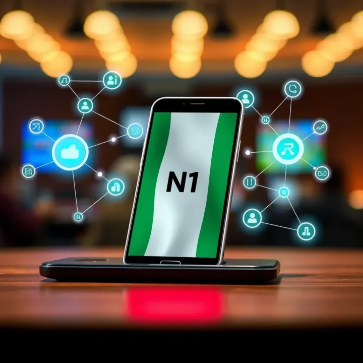 Illustration showing a mobile phone with Nigerian flag and digital network icons symbolizing connectivity
