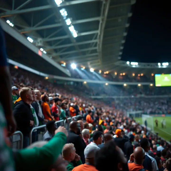 Vibrant crowd at a Nigerian football stadium during a live match broadcast